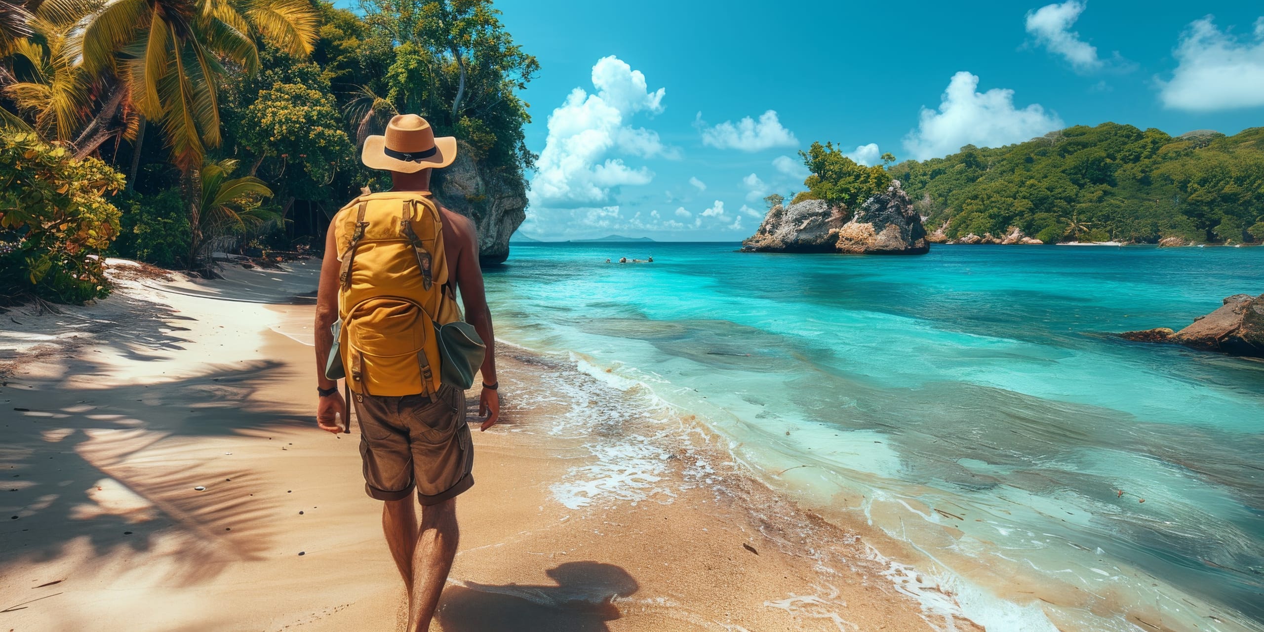 A man wearing a backpack strolls down the beach. The scene includes water, sky, clouds, shorts, a hat, trees, and a natural landscape, perfect for travel and leisure
