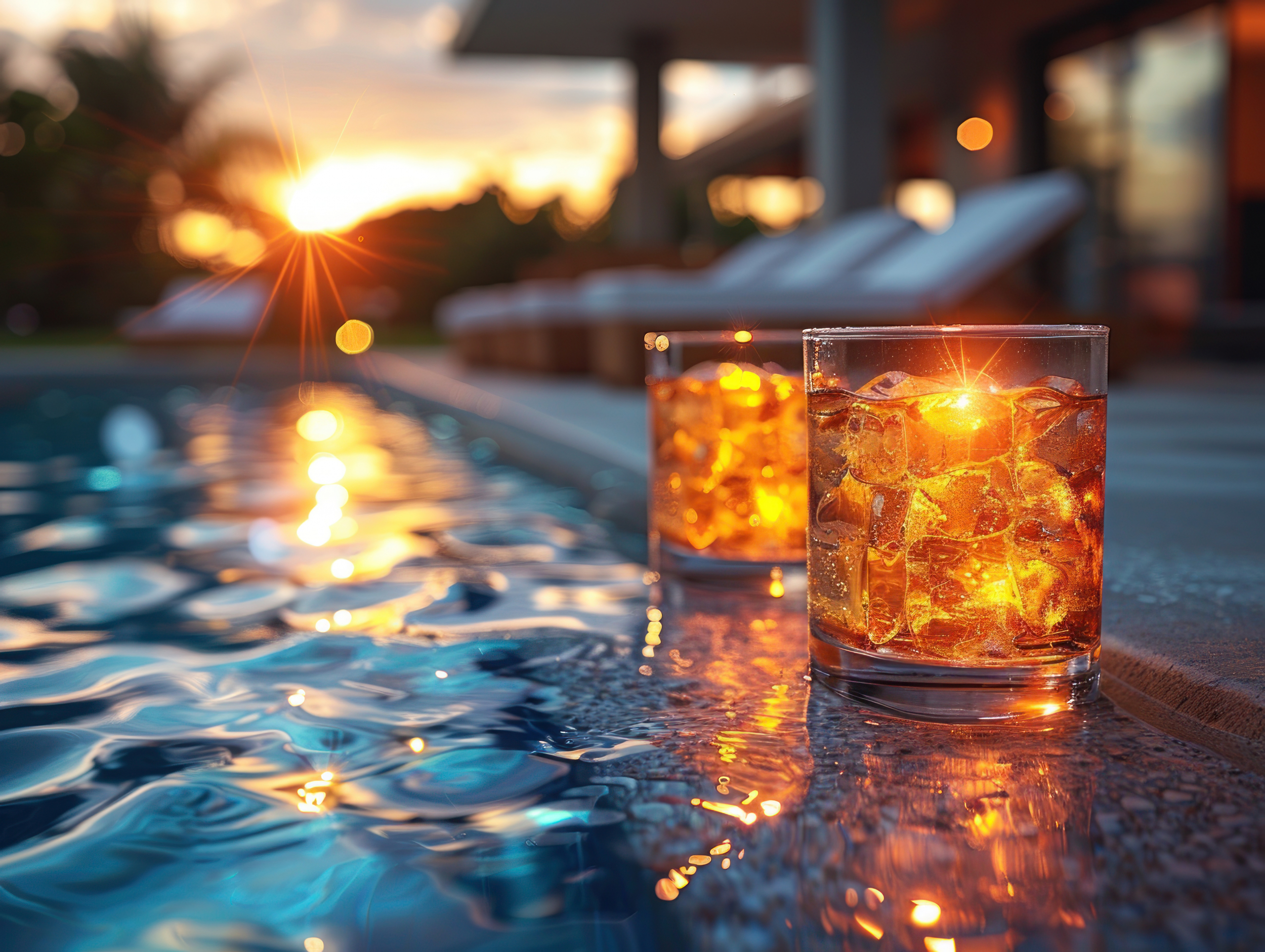Two glasses of iced drinks rest on the edge of a pool at sunset.