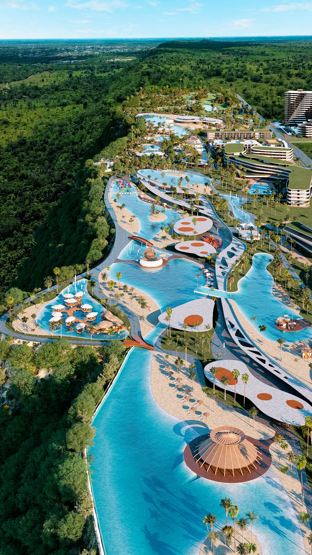 Masterplan de Larimar City & Resort mostrando campo de golf, torres residenciales, villas, boulevard y playas artificiales en Punta Cana